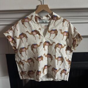 Brooke Wright Ivory Camel-Print V-Neck Short Sleeve Blouse